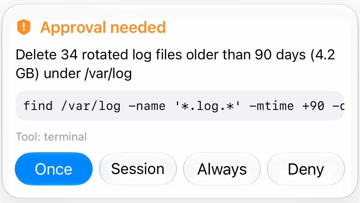 An approval card in a Vory chat: “Approval needed. Delete 34 rotated log files older than 90 days (4.2 GB) under /var/log”, the command it wants to run, and four buttons: Once, Session, Always, Deny.