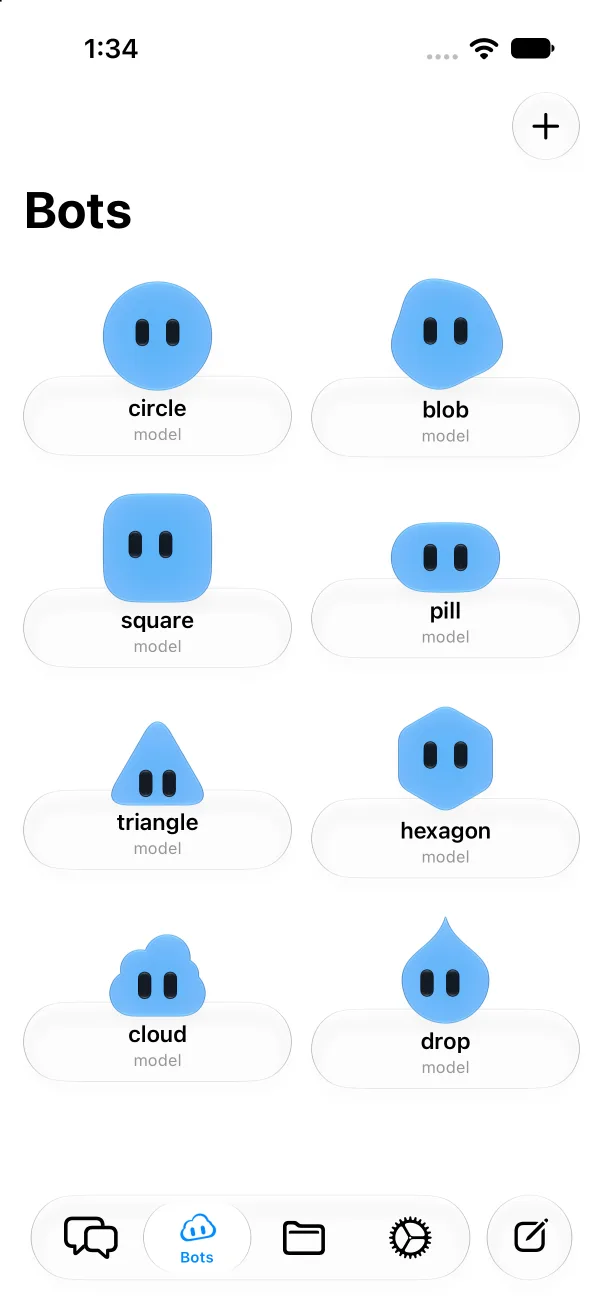 The Bots tab in Vory: eight blue bots on glass pills, one per body shape: circle, blob, square, pill, triangle, hexagon, cloud and drop.