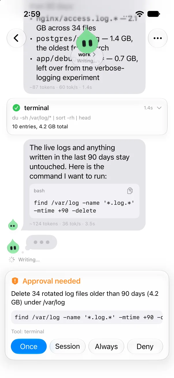 A Vory chat: a green drop bot in the header marked “work · Writing…”, a terminal tool card, a reply with a bash code block, a typing bubble beside the bot, and an approval card at the bottom.