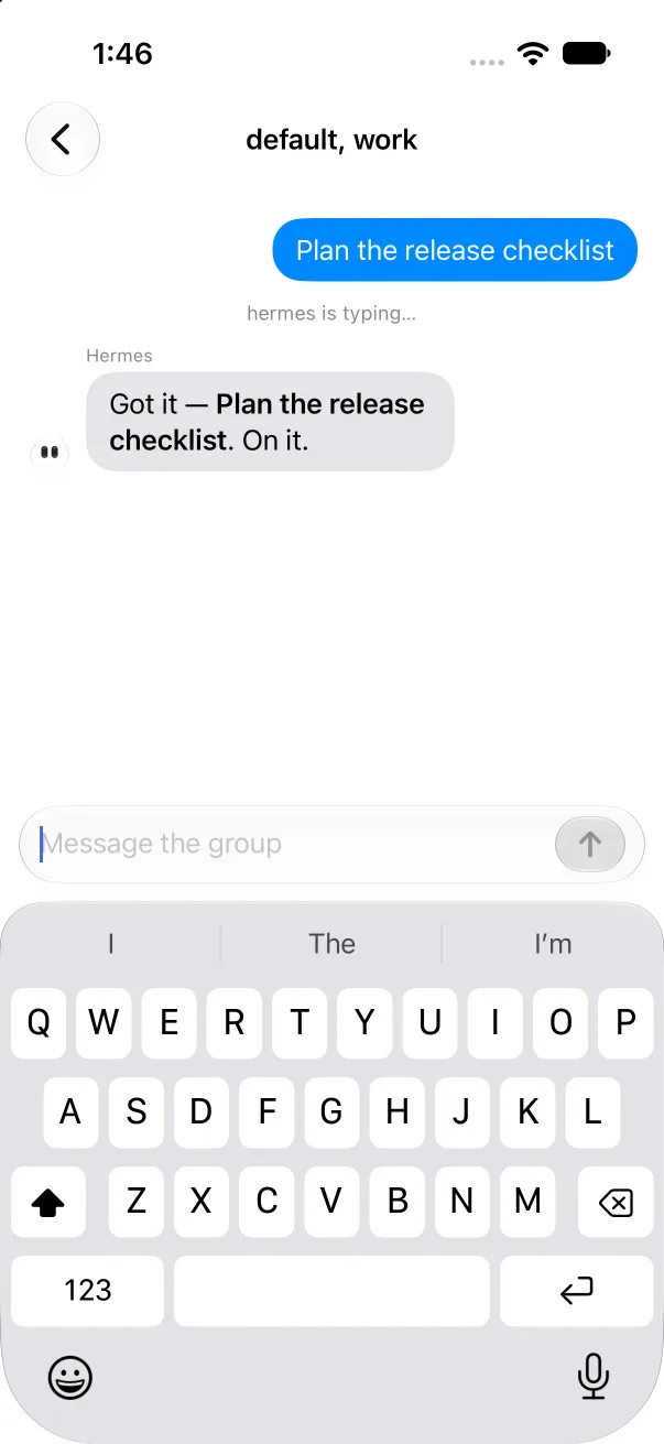 A Vory group chat with two bots: a blue “Plan the release checklist” bubble, “hermes is typing…”, and a reply beside a small white bot.