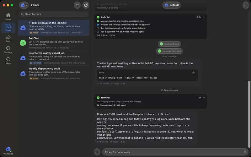 Vory for Mac: a rail of pages on the left, the chat list, and an open chat in a reading column where the bot has just freed 4.2 GB on a log host.