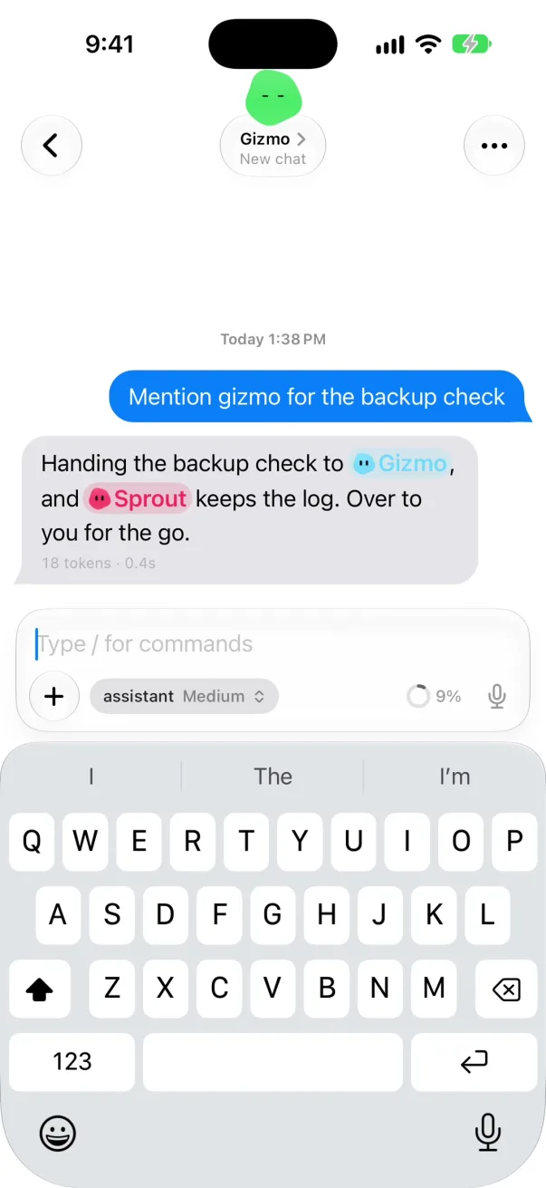 The message bar as a card in a chat, with the context ring beside it.