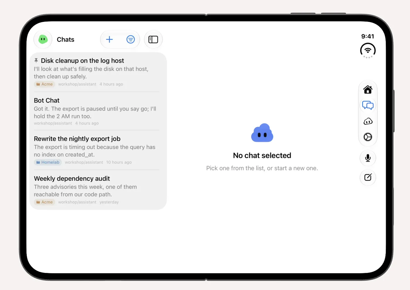 Vory on iPhone Duo, open, with the chat list.