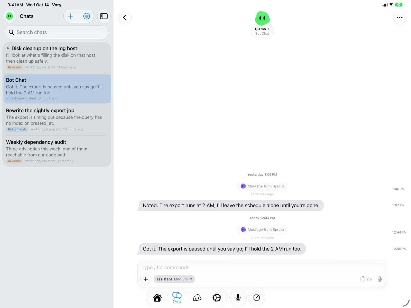 Vory on iPad in landscape, the chat list beside an open chat.